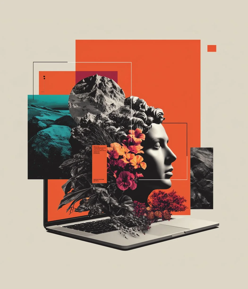 Layered creative transformation artwork with coral and teal elements